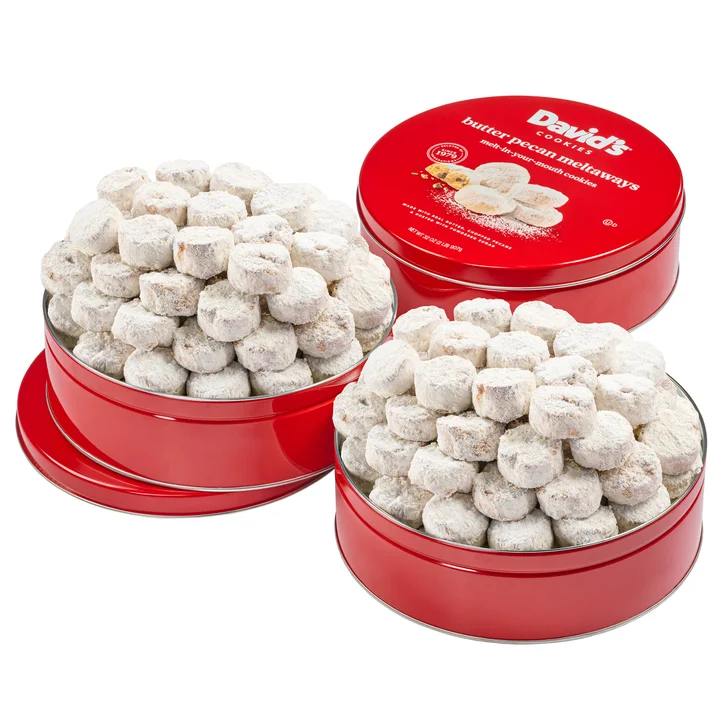 David's Cookies Butter Pecan Meltaways tins with cookies.